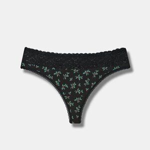 Torrid - Cotton Mid-Rise Thong Lace Trim Panty in Holly Ditsy, Rich Black‌